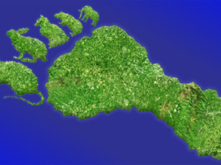 image of an island in the shape of a footprint with mammal shapes as the toes